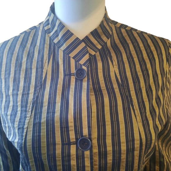 Vtg VOTRE NOM Linen Blend Striped Mandarin Collar Blazer Sz S Navy/Olive - Picture 5 of 10